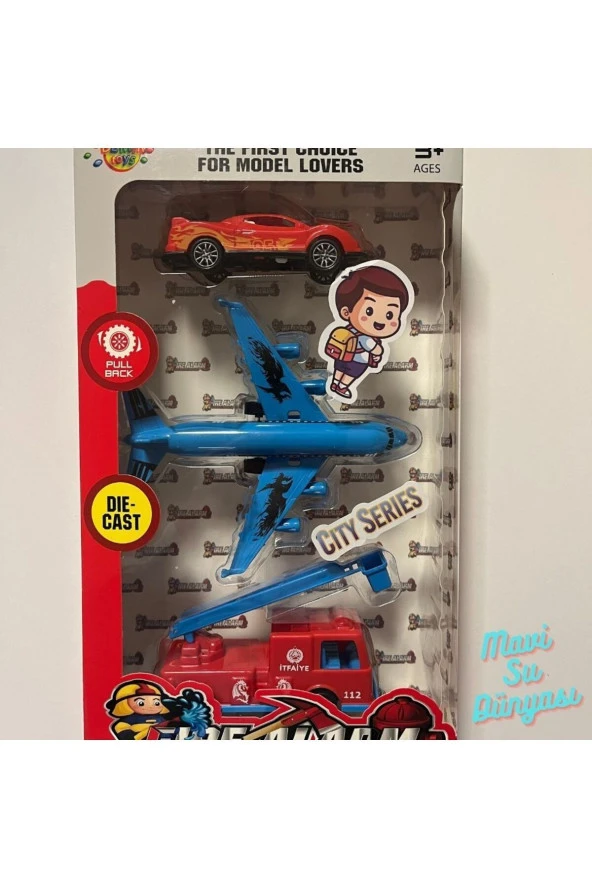 İtfaiye Araç Seti Araba Uçak ve İtfaiye 3 Lü Çek Bırak Araç Set- Mavi Su Dünyası ürün görseli