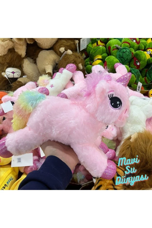 Peluş Yatan Unicorn Pembe Renk 37 Cm - Mavi Su Dünyası