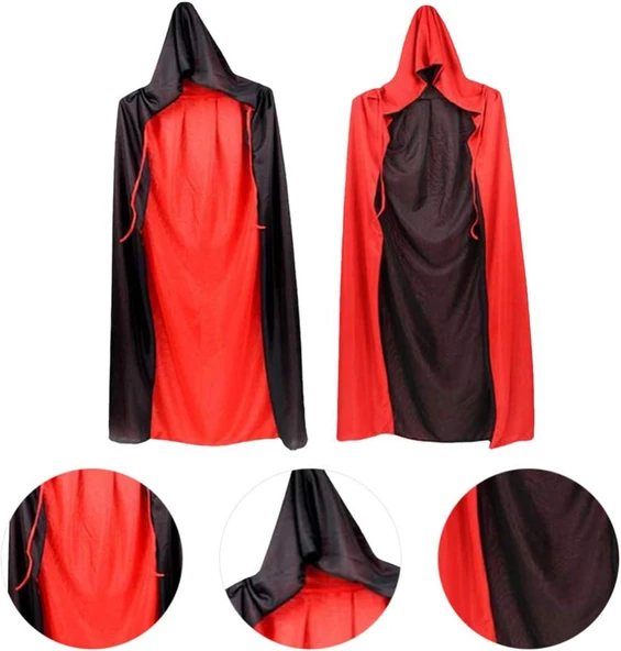 Çift Taraflı Kullanılabilir Siyah Kırmızı Kapişonlu Pelerin 110 cm Yetişkin - Resim 2