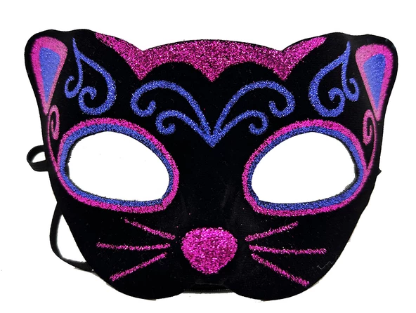Siyah Kadife Kaplama Üzeri Pembe Mavi Sim İşlemeli Kedi Maskesi 20x13 cm ürün görseli 1