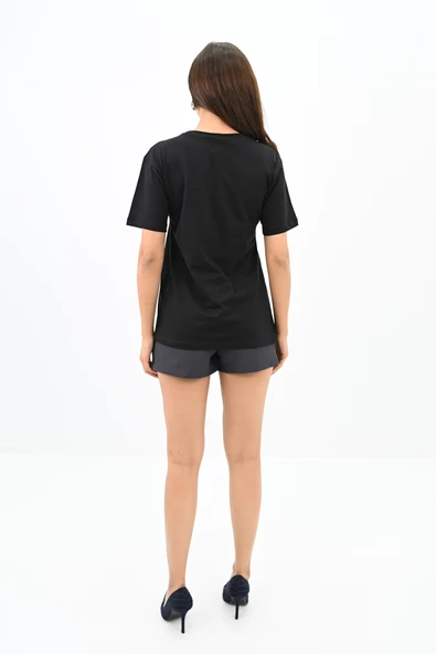 Kadın Bisiklet Yaka Taş Detaylı T-shirt 1749-4-24 - 5