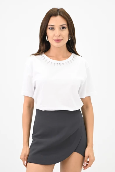 Kadın Bisiklet Yaka Taş Detaylı T-shirt 1749-4-24 - 7