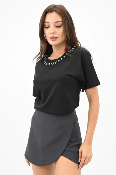 Kadın Bisiklet Yaka Taş Detaylı T-shirt 1749-4-24 - 4