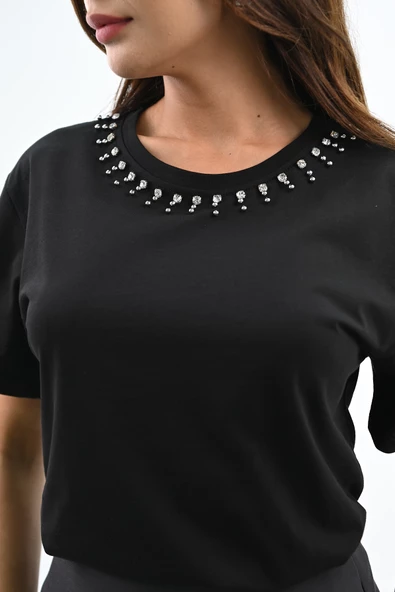 Kadın Bisiklet Yaka Taş Detaylı T-shirt 1749-4-24 - 6