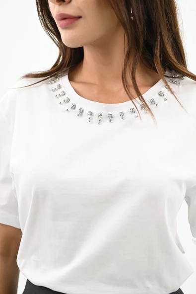 Kadın Bisiklet Yaka Taş Detaylı T-shirt 1749-4-24 - 11