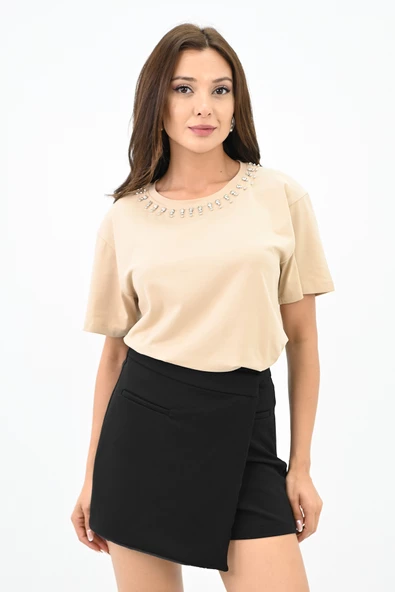 Kadın Bisiklet Yaka Taş Detaylı T-shirt 1749-4-24 - 12