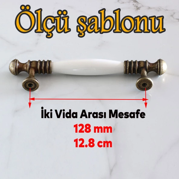 Gordion Gerçek Porselen Eskitme Antik Beyaz 128 mm Mobilya Mutfak Dolabı Dolap Kulpu Kulbu Kulpları - 2