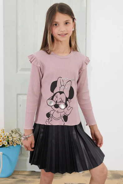 Gül Kurusu Karakter Baskılı Badili Deri Etekli Kız Çocuk Takım 18811 - 2