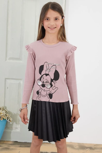 Gül Kurusu Karakter Baskılı Badili Deri Etekli Kız Çocuk Takım 18811 - 4