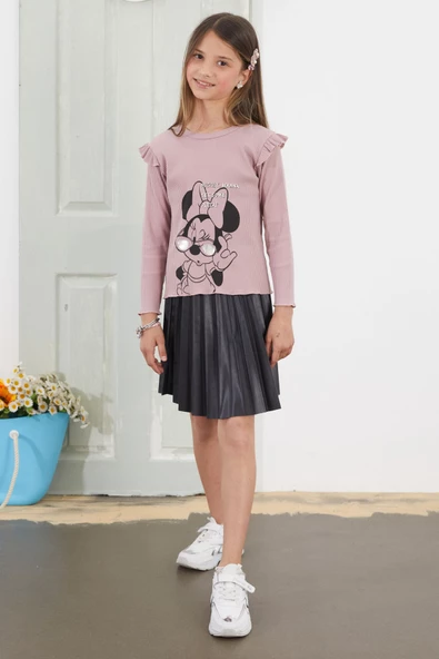 Gül Kurusu Karakter Baskılı Badili Deri Etekli Kız Çocuk Takım 18811 - 3