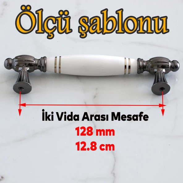 Mira Gerçek Porselen Beyaz Füme Çizgili 128 mm Mobilya Mutfak Kulp Çekmece Dolap Kulplar Kulpu Kulbu - Resim 2