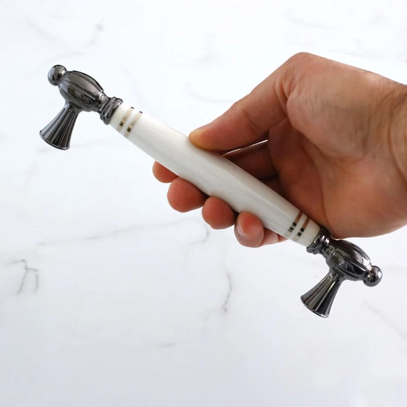 Mira Gerçek Porselen Beyaz Füme Çizgili 160 mm Mobilya Mutfak Kulp Çekmece Dolap Kulplar Kulpu Kulbu - 3