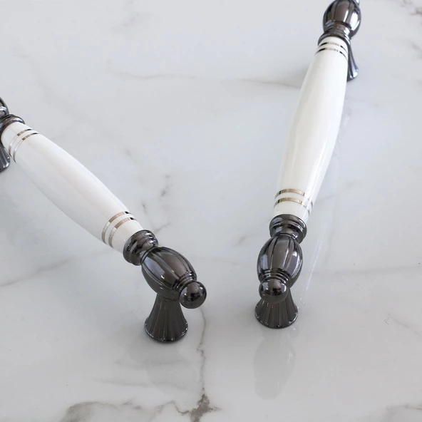 Mira Gerçek Porselen Beyaz Füme Çizgili 128 mm Mobilya Mutfak Kulp Çekmece Dolap Kulplar Kulpu Kulbu - Resim 6