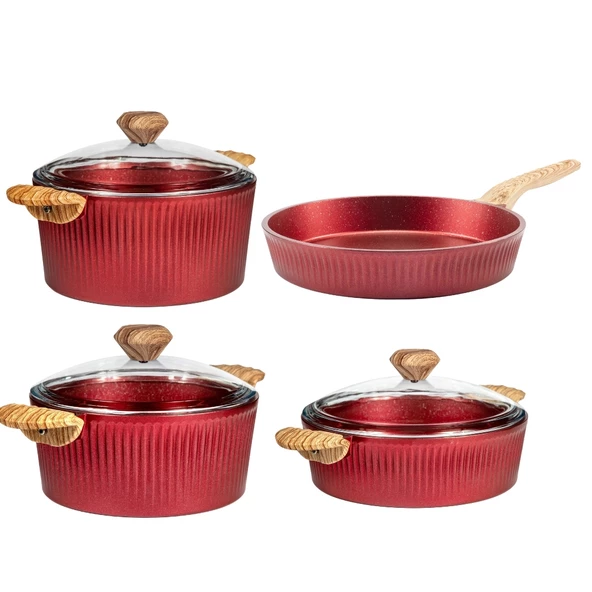 Febern Premium Bio Granit Alüminyum Döküm Nisch Tencere Seti (Metalik Kırmızı-Açık Ahşap Kulp) ürün görseli