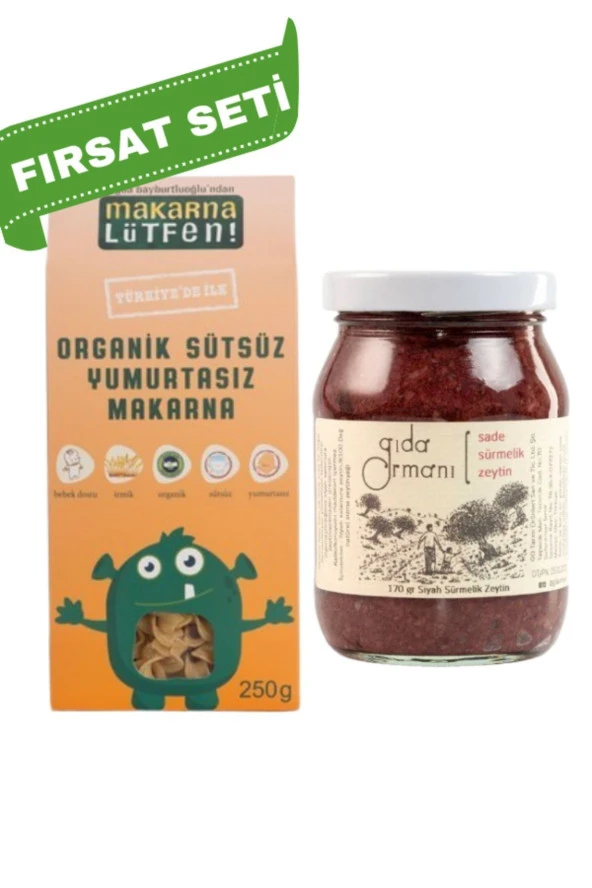 Organik Makarna (Süt ve Yumurta İçermeyen-200 g) ve Bebek Siyah Sürmelik Zeytin 185 g