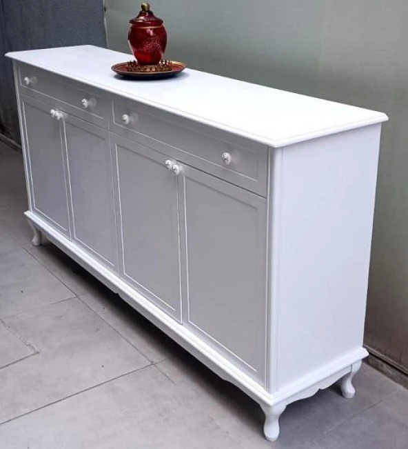 Konsol Klasik Model Tv Sehpa 90386 Ahşap MDF Parlak Beyaz Boya El Yapım - 8