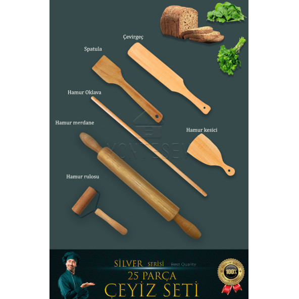 25 Li Ahşap Ağaç Tahta Kaşık Oklava Merdane Mutfak Bıçak Silver Serisi Çeyiz Seti Set1 - 2