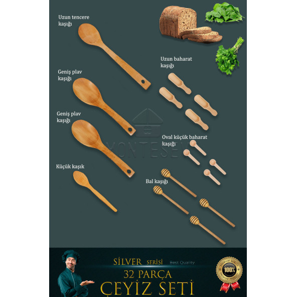 32 Li Ahşap Ağaç Tahta Kaşık Oklava Merdane Mutfak Bıçak Silver Serisi Çeyiz Seti Set2 - 3