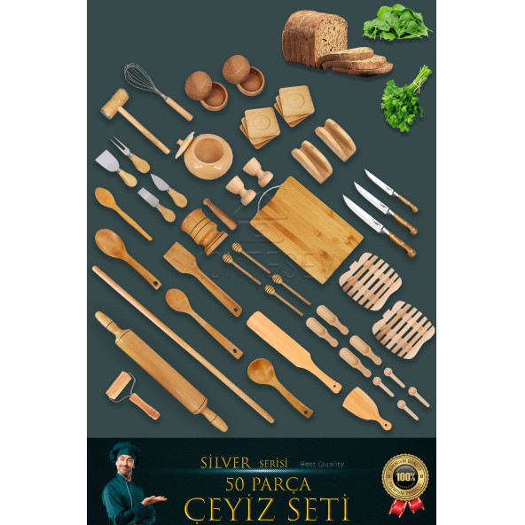 50 li Ahşap Ağaç Tahta Kaşık Oklava Merdane Mutfak Bıçak Silver Serisi Çeyiz Seti Set3
