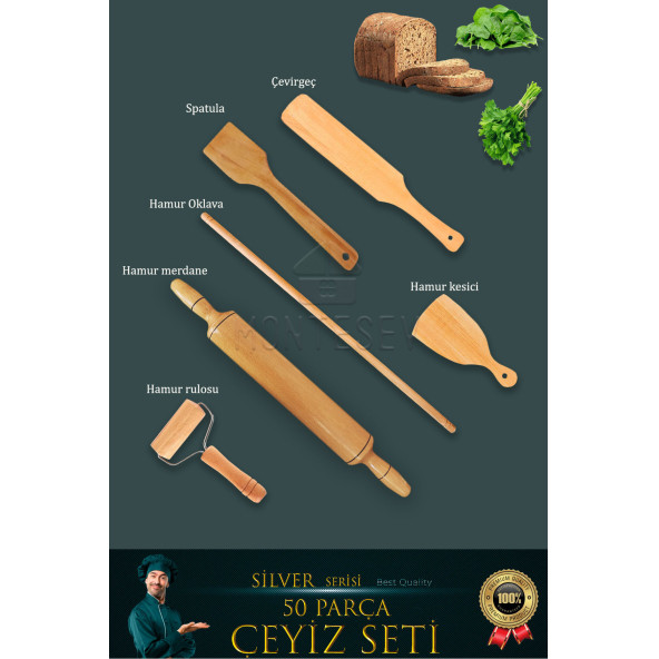 50 li Ahşap Ağaç Tahta Kaşık Oklava Merdane Mutfak Bıçak Silver Serisi Çeyiz Seti Set3 - 2