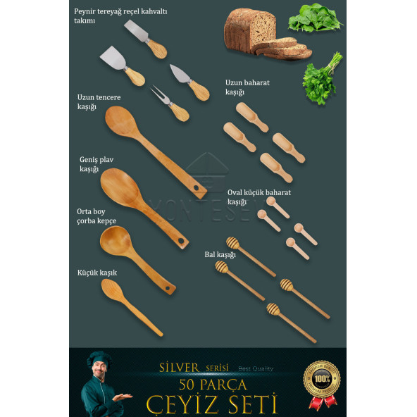 50 li Ahşap Ağaç Tahta Kaşık Oklava Merdane Mutfak Bıçak Silver Serisi Çeyiz Seti Set3 - 3