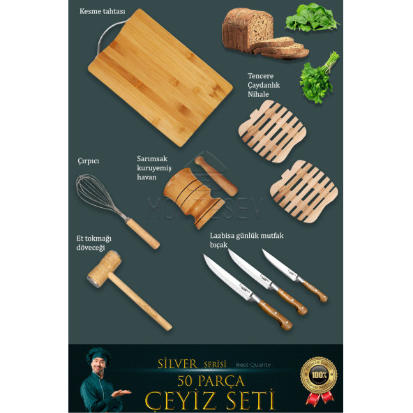 50 li Ahşap Ağaç Tahta Kaşık Oklava Merdane Mutfak Bıçak Silver Serisi Çeyiz Seti Set3 - 4