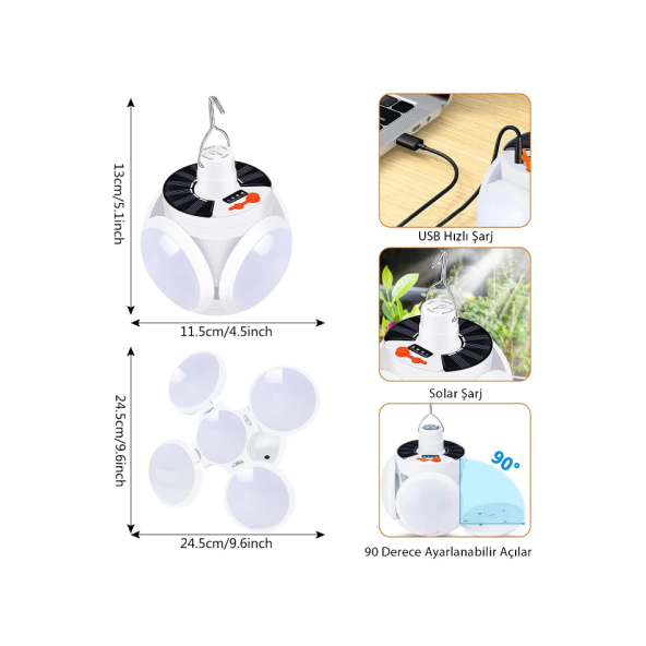 Güneş Enerjili  Taşınabilir Işık Yüksek Güç Şarj Edilebilir Led Lamba Açık hava Aydınlatması - 4
