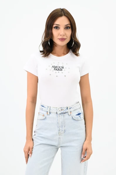 Kadın Taş İşlemeli Nakış Detaylı T-shirt 1774-25 - 7