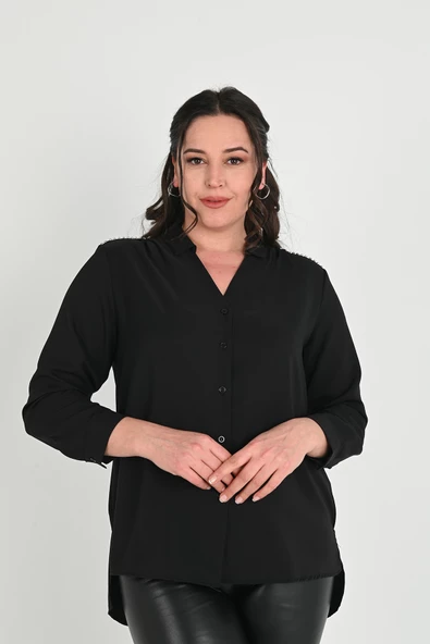 Kadın Büyük Beden Omuz Taş Detaylı Gömlek 1687-24 - 5