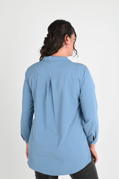 Kadın Büyük Beden Omuz Taş Detaylı Gömlek 1687-24 - 3