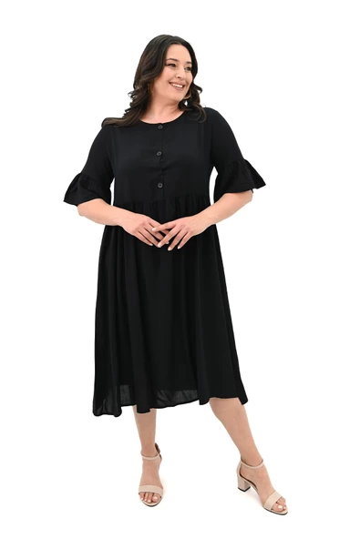 Kadın Büyük Beden Düğme Detaylı Elbise 5241-25 - 3