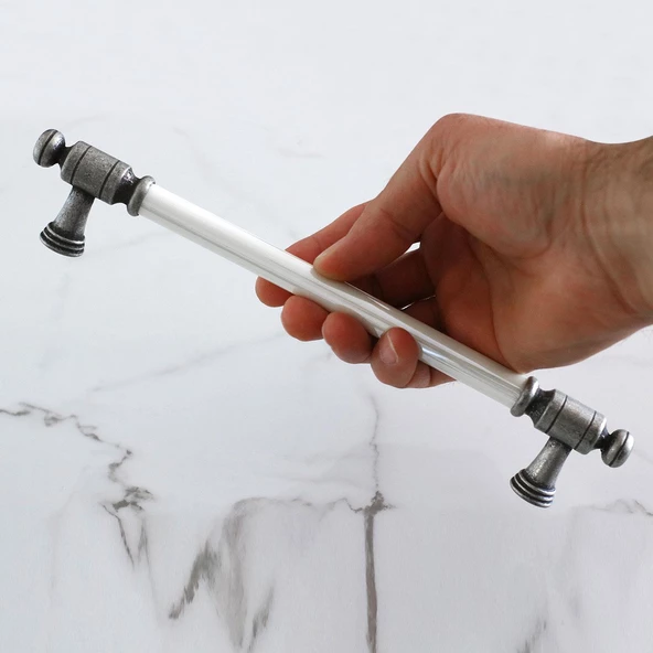 Limira Gerçek Porselen Sedef Eskitme Antik Gümüş 192 mm Mobilya Mutfak Dolap Kulpu Kulbu Kulpları - 3