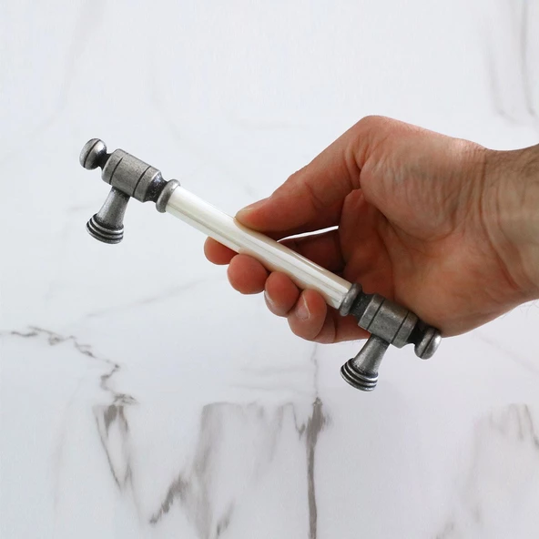 Limira Gerçek Porselen Sedef Eskitme Antik Gümüş 128 mm Mobilya Mutfak Dolap Kulpu Kulbu Kulpları - 3