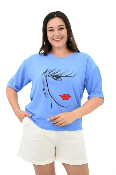 Kadın Büyük Beden Yüz Baskılı T-shirt 1788-25 - 2