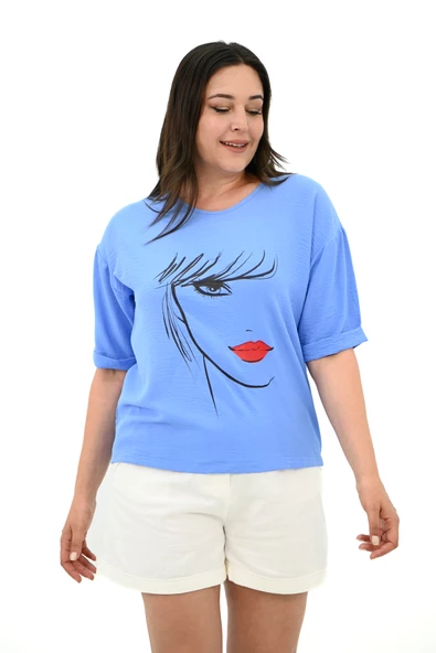 Kadın Büyük Beden Yüz Baskılı T-shirt 1788-25 - 3