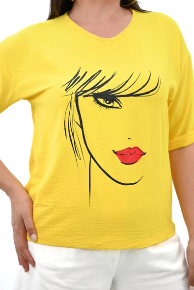 Kadın Büyük Beden Yüz Baskılı T-shirt 1788-25 - 11