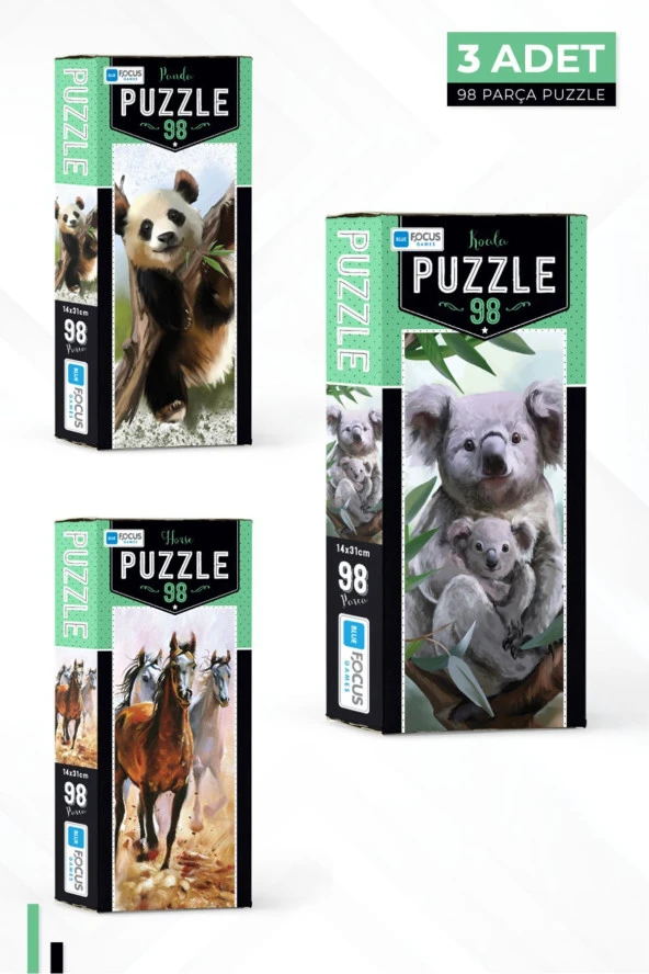 Blue Focus 3 ADET 98 PARÇA PUZZLE - PANDA ve KOALA ve HORSE - BF216-217-218