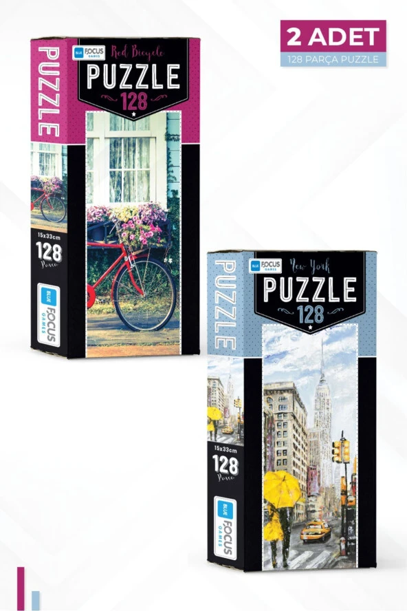 Blue Focus 2 ADET 128 PARÇA PUZZLE - RED BICYCLE ve NEW YORK - BF201-207