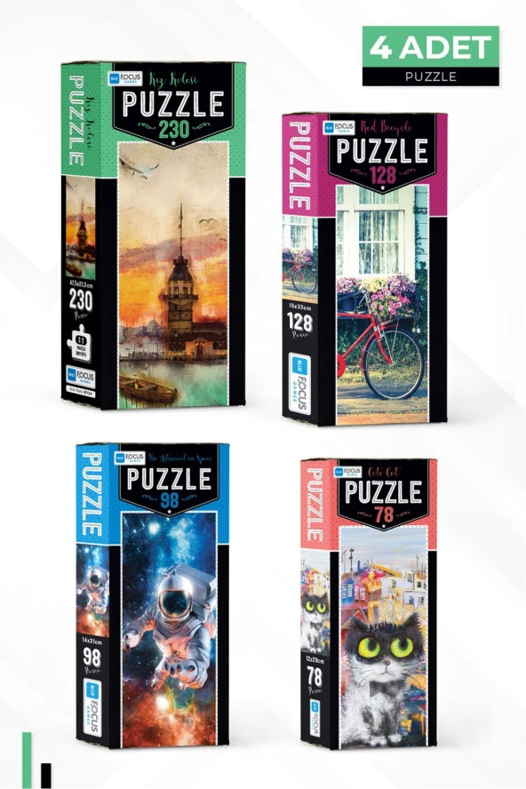 Blue Focus 4 ADET PUZZLE - KIZ KULESİ ve RED BICYCLE ve THE ASTRONAUT IN SPACE ve CUTE CAT - BF134-201-221-052