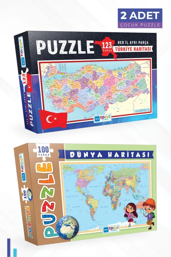 Blue Focus 2 ADET PUZZLE - 123 PARÇA TÜRKİYE HARİTASI (HER İL AYRI PARÇA) ve 100 PARÇA DÜNYA HARİTASI