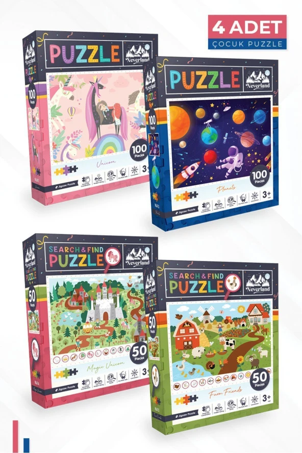 Neverland 4 ADET PUZZLE - 100 P. UNICORN ve GEZEGENLER ve 50 P. ARA VE BUL UNICORN ve ÇİFTLİK ARKADAŞLARI