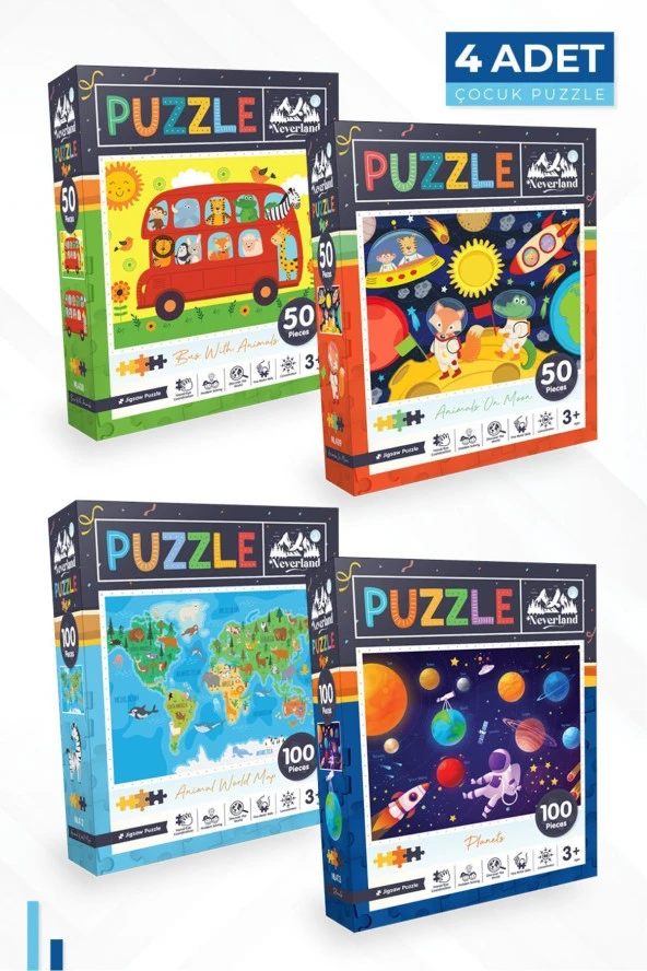 Neverland 4 ADET PUZZLE - 50 P. OTOBÜS ve AY HAYVANLARI ve 100 P. HAYVAN DÜNYA HARİTASI ve GEZEGENLER