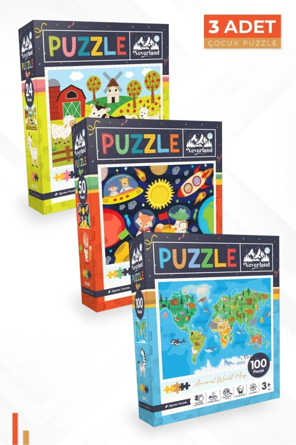 Neverland 3 ADET PUZZLE - 24 P. ÇİFTLİK HAYVANLARI ve 50 P. AY HAYVANLARI ve 100 P. HAYVAN DÜNYA HARİTASI