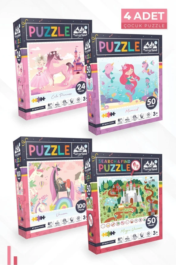 Neverland 4 ADET PUZZLE - 24 P. SEVİMLİ PRENSES ve 50 P.DENİZ KIZI ve 100 P. UNICORN ve 50 P. SİHİRLİ UNICORN