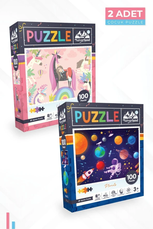 Neverland 2 ADET 100 PARÇA PUZZLE - UNICORN ve GEZEGENLER