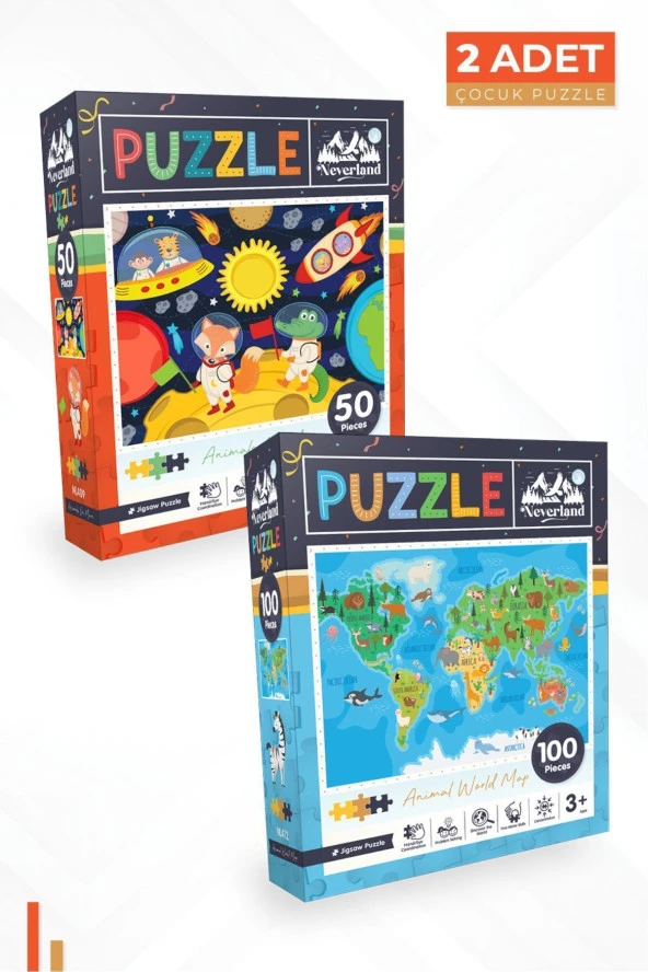 Neverland 2 ADET PUZZLE - 50 PARÇA AY HAYVANLARI ve 100 PARÇA HAYVAN DÜNYA HARİTASI