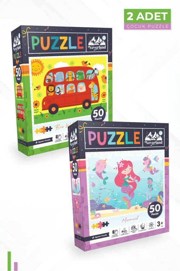 Neverland 2 ADET 50 PARÇA PUZZLE - HAYVANLARLA OTOBÜS ve DENİZ KIZI