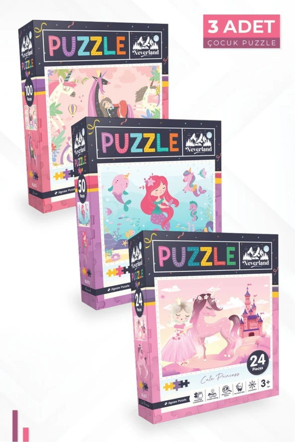 Neverland 3 ADET PUZZLE - 24 PARÇA SEVİMLİ PRENSES ve 50 PARÇA DENİZ KIZI ve 100 PARÇA TEK BOYNUZLU AT