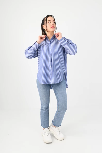 Kadın İnce Çizgi Detaylı Gömlek 1674-25 - 9