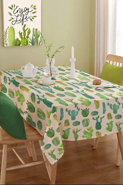 Rivaİstanbul Kaktüs Desenli Masa Örtüsü, Sofra Bezi, Piknik Örtüsü - 2